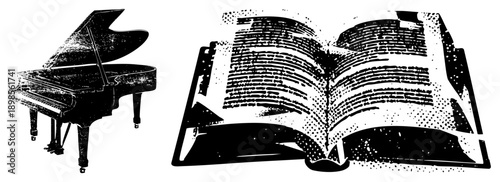 Black and white halftone vector art of piano and open book, musical instrument and literature, educational or artistic theme, graphic design.