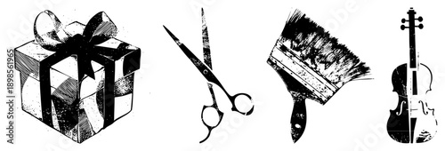 Classic gift box tied with bow, precision scissors, artist’s paintbrush, elegant violin all rendered in halftone vector style. Artistic tools and symbols of creativity and celebration.