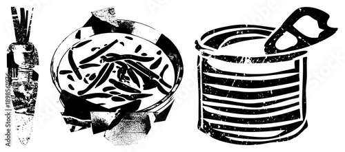 Stylized halftone food illustrations, carrot, bowl of soup, canned goods, rustic graphic design, vector art, food set, retro kitchen.