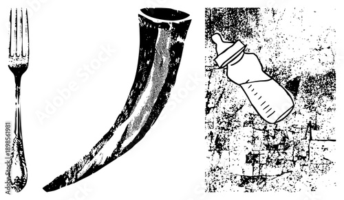 Classic dining fork, curved horn, baby bottle with nipple, halftone style, isolated vector graphics, stylized cutout.