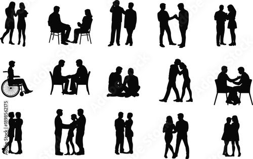 People interaction silhouette set, couples conversation social scenes, sitting standing talking poses, black minimal lifestyle illustration icons collection design pack
