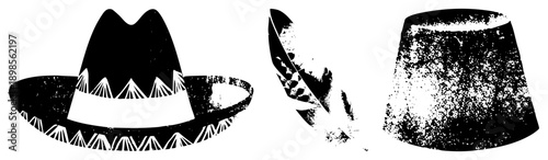 Mexican cultural headwear including sombrero with geometric trim, feather, and conical hat, stylized black and white vector graphics for design or print.