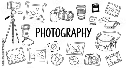 Collection of hand-drawn photography equipment and accessories arranged around the word Photography