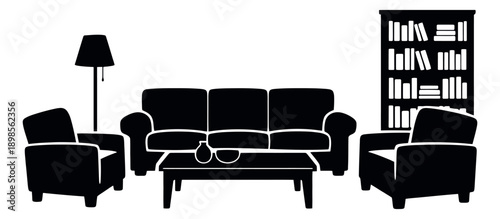 Graphic silhouette living room furniture set featuring a sofa, armchairs, a coffee table, a lamp, and a bookshelf for home interior design