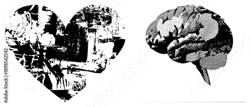 Vector halftone brain and heart filled with cityscape and neural textures, graphic design elements, urban abstract art, black and white illustration, conceptual symbols.