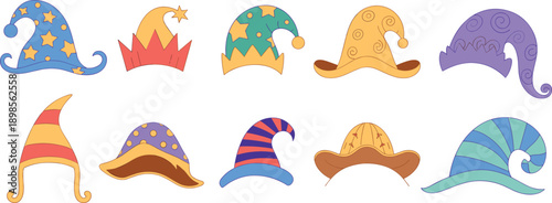 fantasy, cartoon, hat, collection, colorful, whimsical, magic, wizard, elf, costume, illustration, set, playful, design, kids, party, cute, vector, isolated, bundle