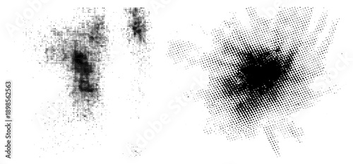 Black halftone dots arranged in abstract forms, vector graphic, isolated shapes, artistic texture, graphic design element, digital art.