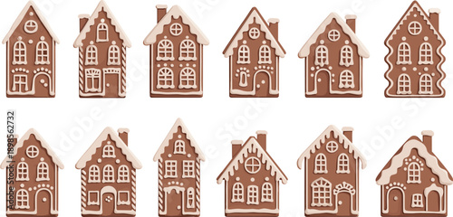 gingerbread, house, cookies, christmas, set, festive, holiday, bakery, dessert, sweet, decoration, icing, winter, cute, food, collection, isolated, white, ornament, design