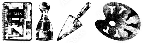 Creative workflow tools including task notebook, hourglass timer, trowel, and painter’s palette, halftone style, isolated vector for design projects.