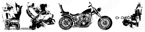 Black and white vector illustrations of a classic motorcycle, rustic wagon, wrecked car, and check in sign, rendered in gritty halftone texture with bold and distressed effects.