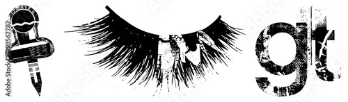 Graphic design elements featuring a classic pushpin, voluminous false eyelashes, and distressed typography "gt", all in high contrast black and white with halftone texture and gritty aesthetic.