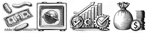 Money bag, coins, safe, growth chart, gears, and bacteria representing wealth, finance, and economic health.