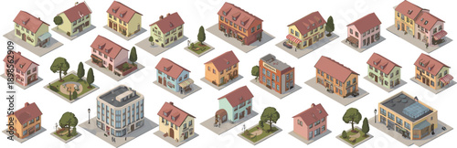 Isometric, town, buildings, illustration, colorful, European, village, houses, shops, apartments, streets, urban, architecture, map, game, assets, cityscape, design, collection, set