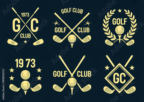 A set of six golf club logos arranged in two rows on a dark navy blue background