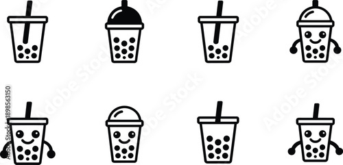 Bubble tea icon set, cute boba drink characters collection, milk tea cups silhouettes, black playful beverage illustration design