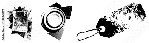 Stylized graphic elements featuring halftone, distressed textures, and angular forms, ideal for modern design projects. Includes abstract shapes, grunge, and aesthetics.