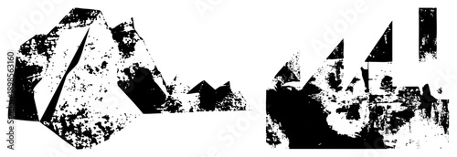 Stylized mountain peaks rendered in high contrast halftone, abstract terrain, graphic design element, vector silhouette, textured black and white composition.