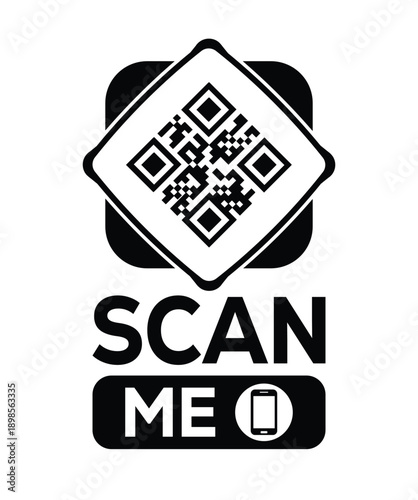 Stylized QR code with inward arrows, bold "SCAN ME" text, smartphone icon, and clean black-and-white layout—ideal for digital marketing, mobile access, and tech-themed promotions.