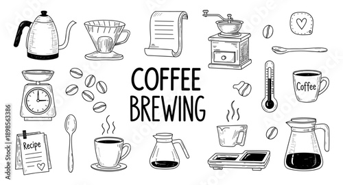 Hand-drawn coffee brewing equipment and ingredients arranged around the text "Coffee Brewing"