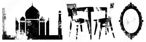 vector silhouettes of Taj Mahal, stylized chairs, decorative mirror graphic design elements, architectural, abstract furniture, vintage frame, cultural symbols.