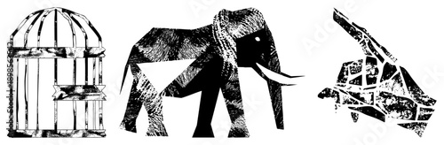 Vector illustrations of elephant, bird, and turtle with halftone textures, isolated foreground, design, artistic animal cutouts.