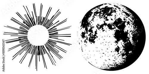 Sunburst rays radiating outward, moon cratered surface, celestial, space illustration, black and white vector, astronomy graphic, isolated celestial elements.