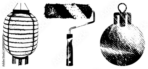 Black and white vector of decorative lantern, paint roller, and ornament with textured halftone, ideal for craft or holiday design.