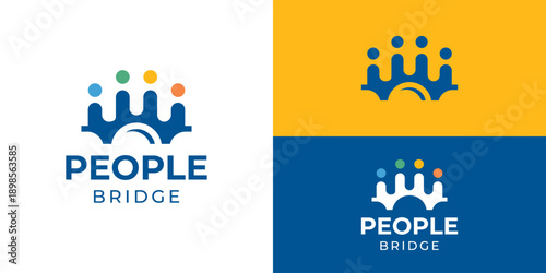 Creative simple people bridge logo template. Abstract people family human leadership, community teamwork with bridge logo design vector illustration.