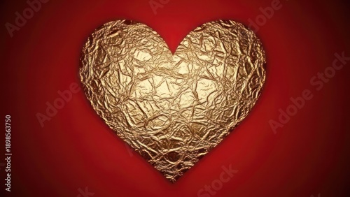 A golden heart-shaped object with a textured surface, set against a red background.