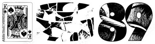 Classic playing card king, ornate figure, spade suit, vintage card design, abstract shattered shapes, bold stylized numerals, vector art.