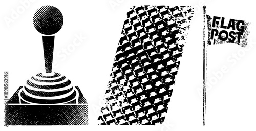 Vintage arcade joystick with dot matrix shading, distressed flag post with "FLAG POST" text, geometric halftone tile all isolated vector graphics for UI, game design, or retro branding.