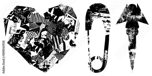 Abstract black and white vector textured heart collage, distressed safety pin, and arrow with halftone grain. Graphic design elements for modern digital art, print, or UI.
