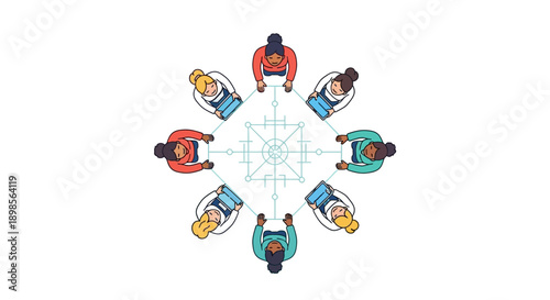 Teamwork Network: Diverse Group of Women Connecting Digitally in a Circle. Decentralized Technology Collaboration Illustration.