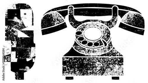 Retro telephone with rotary dial and vintage microphone, distressed black and white vector, communication, analog tech, nostalgic design, isolated graphic elements.