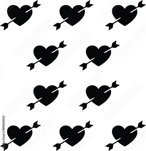 Heart with arrow silhouette icon set showing love, romance and valentine symbols in black illustration design