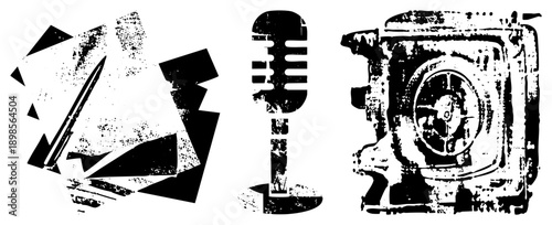 Retro microphone, fountain pen, and film projector rendered in gritty halftone, ideal for, film, or writing themes. Grunge texture,, stylized symbols.