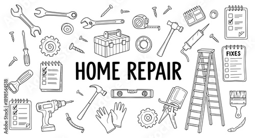 Collection of hand-drawn tools and items for home repair and DIY projects