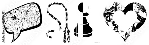 Distressed black and white speech bubble, whip, chess pawn, heart with collage texture. Vector glyph set with gritty, urban aesthetic. Perfect for graphic design, branding, or UI elements.