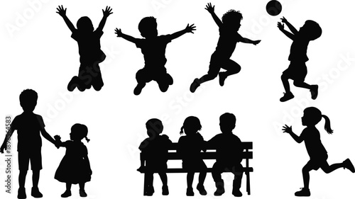 Children playing silhouette set showing happy kids jumping, running, ball play and friendship scenes in black illustration