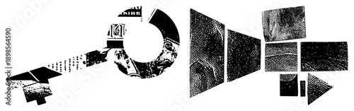 Broken key silhouette composed of halftone textured, graphic deconstruction, vector art, design, isolated glyph element.