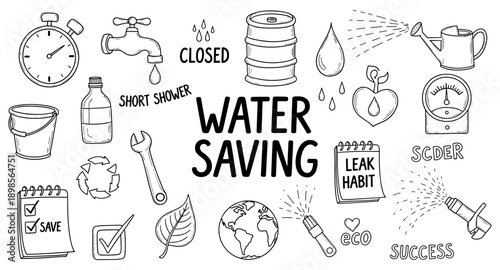 Doodle illustration of water saving tips and conservation methods with icons and text