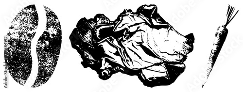 Stylized halftone vegetable and coffee, food graphic elements, culinary symbols, vegetable art, rustic produce design.