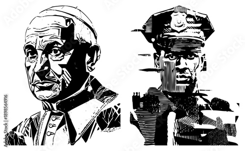 Bold halftone vector portraits of religious and law enforcement figures, high contrast art, graphic illustration, isolated subjects, symbolic representation.