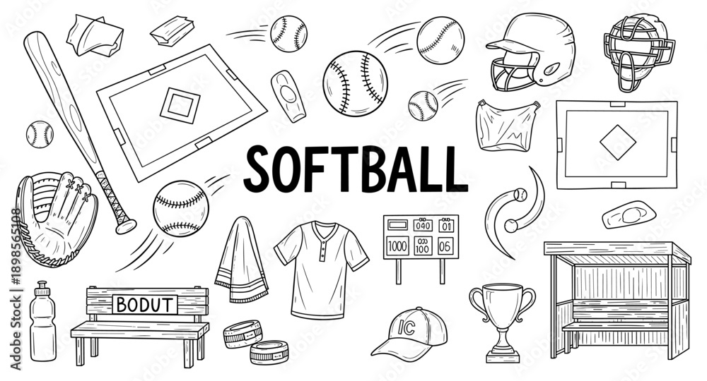 Fototapeta premium Doodle illustration of softball equipment and field elements for sports enthusiasts