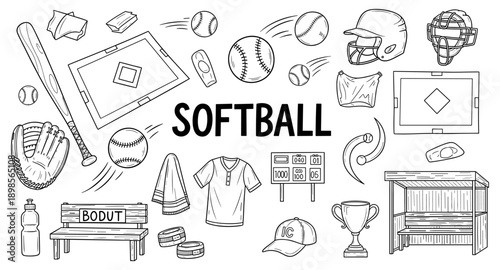 Doodle illustration of softball equipment and field elements for sports enthusiasts