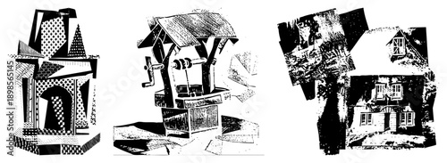 Fragmented architectural forms rendered in halftone, stylized well with crank mechanism, abstract house silhouettes, vector art collage, graphic design elements.