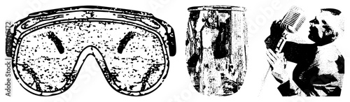 Black and white halftone vector illustrations of protective eyewear, classic mic, and aged drum, isolated graphic elements for design use.