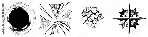 Graphic design elements featuring cracked earth, radial, circular grunge, and compass rose motifs, ideal for modern minimalism or vintage.