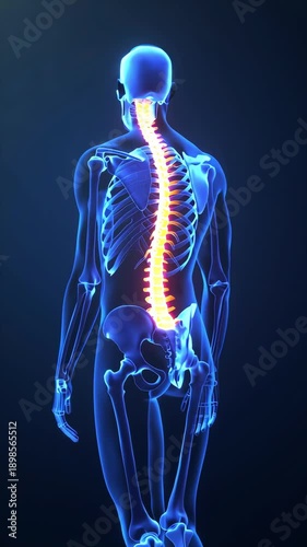 3D render of human skeletal system with glowing spine and pain indication