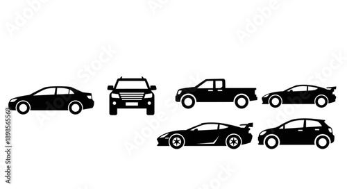 Collection of Black Car Silhouettes on White Background.